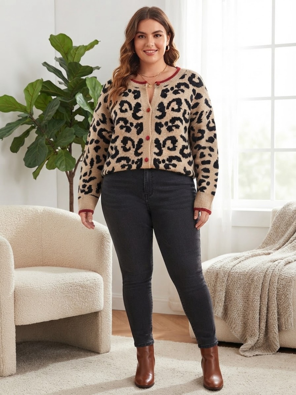 Beige Leopard Knit Cardigan with Red Trim - Women Sweater